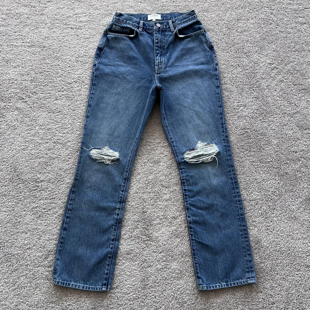 La Ligne‎ High Rise Straight Jeans Womens 28 Blue Distressed Knee Rips Altered